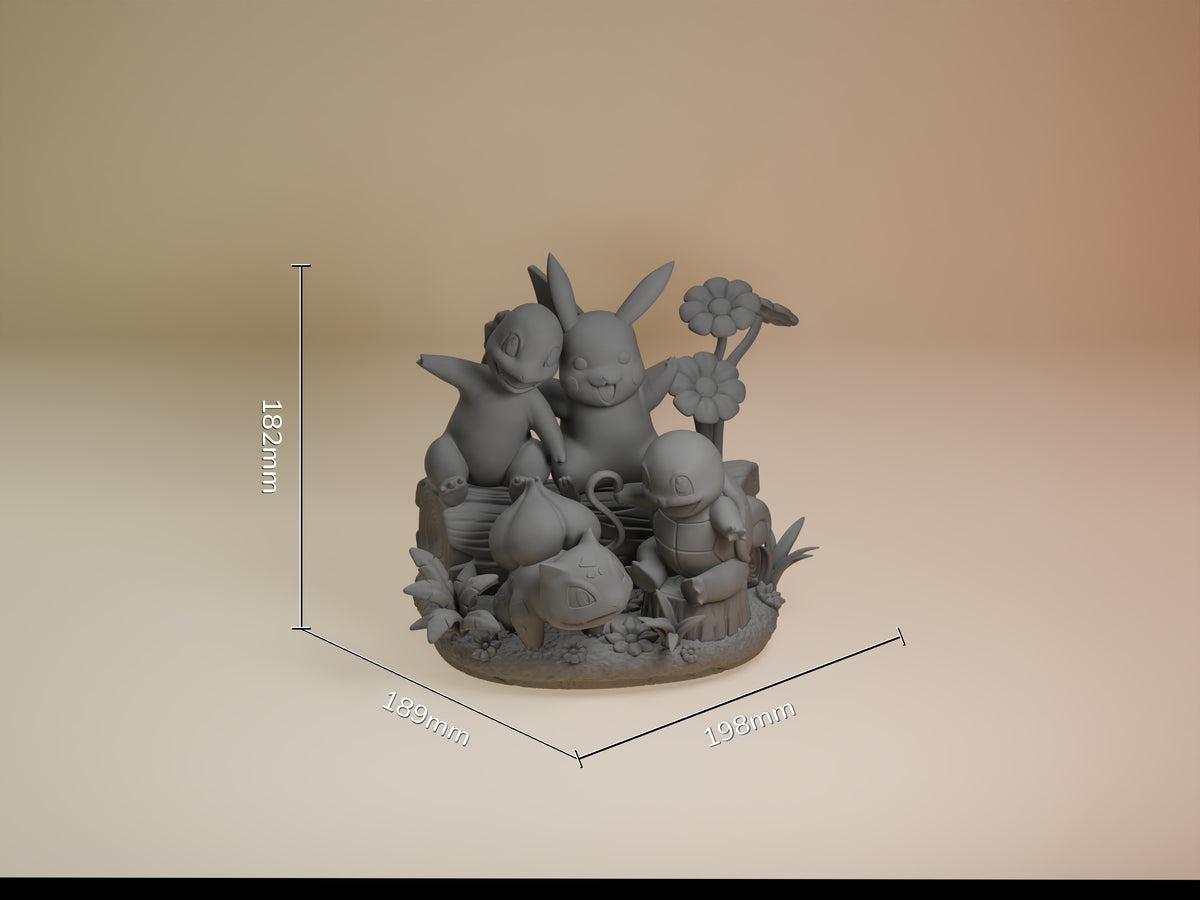 Front-angle gray resin figure of Pikachu, Charmander, Bulbasaur and Squirtle from Pokémon on a sculpted base.