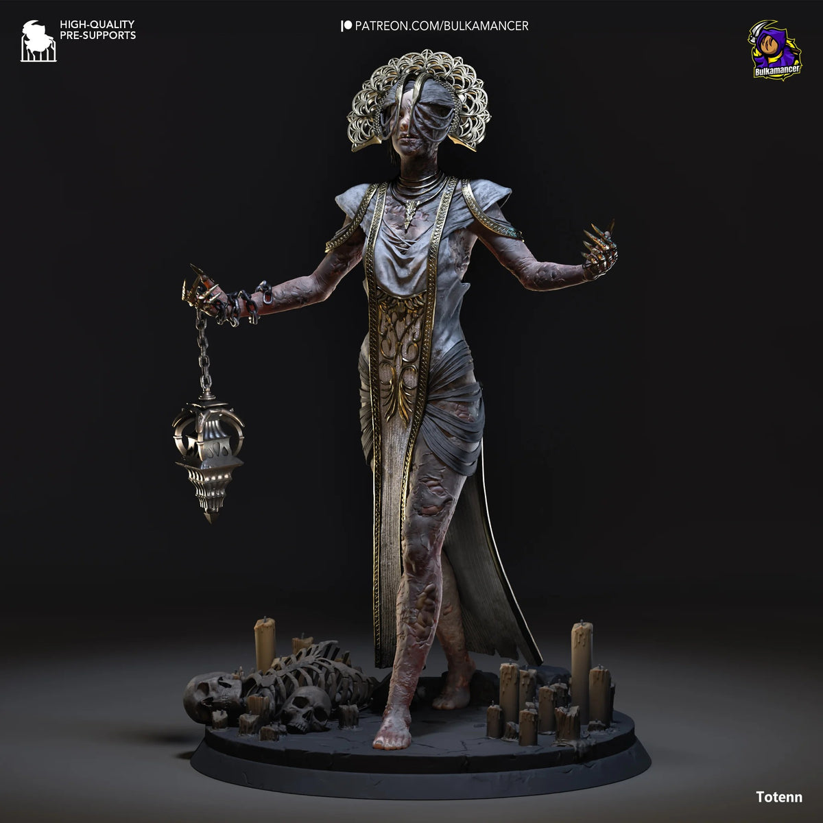 The Plague resin figure stands centered on a dark base with skeletal remains, holding a dangling ornament, arms outstretched, detailed metallic gold accents on robes.