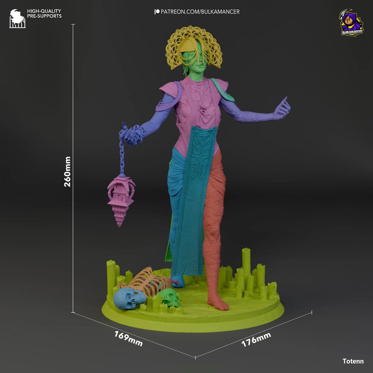 The Plague resin figure from Dead by Daylight shown at 260mm height with colorful paint detail, posed with arms outstretched holding a dangling ornament on lime base.