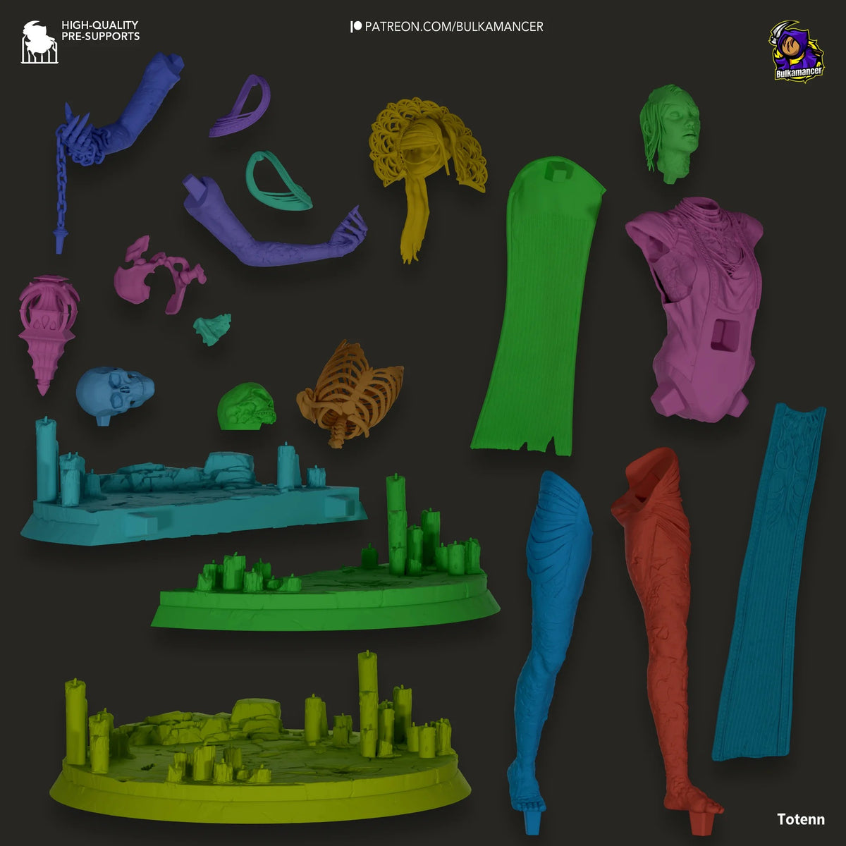 Disassembled resin figure parts of The Plague from Dead by Daylight in various colors, including head, torso, limbs, and detailed accessories arranged on dark background.