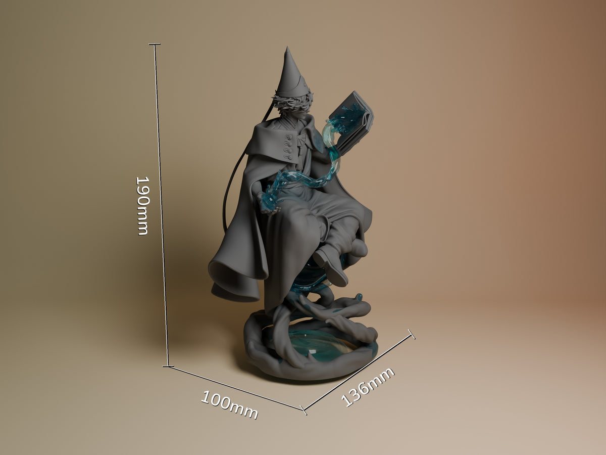 Qifrey resin figure from Witch Hat Atelier shown at scale with dimensions 190mm height, 100mm depth, 136mm width. Gray unpainted body with turquoise painted magical elements and base details.