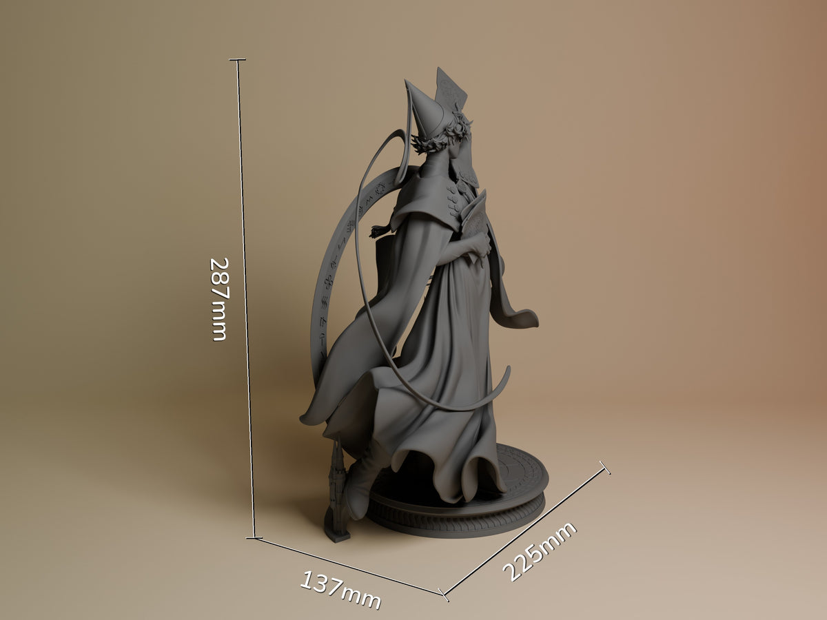 Qifrey from Witch Hat Atelier is an unpainted resin figure in three-quarter view, 287mm tall on a sculpted base.