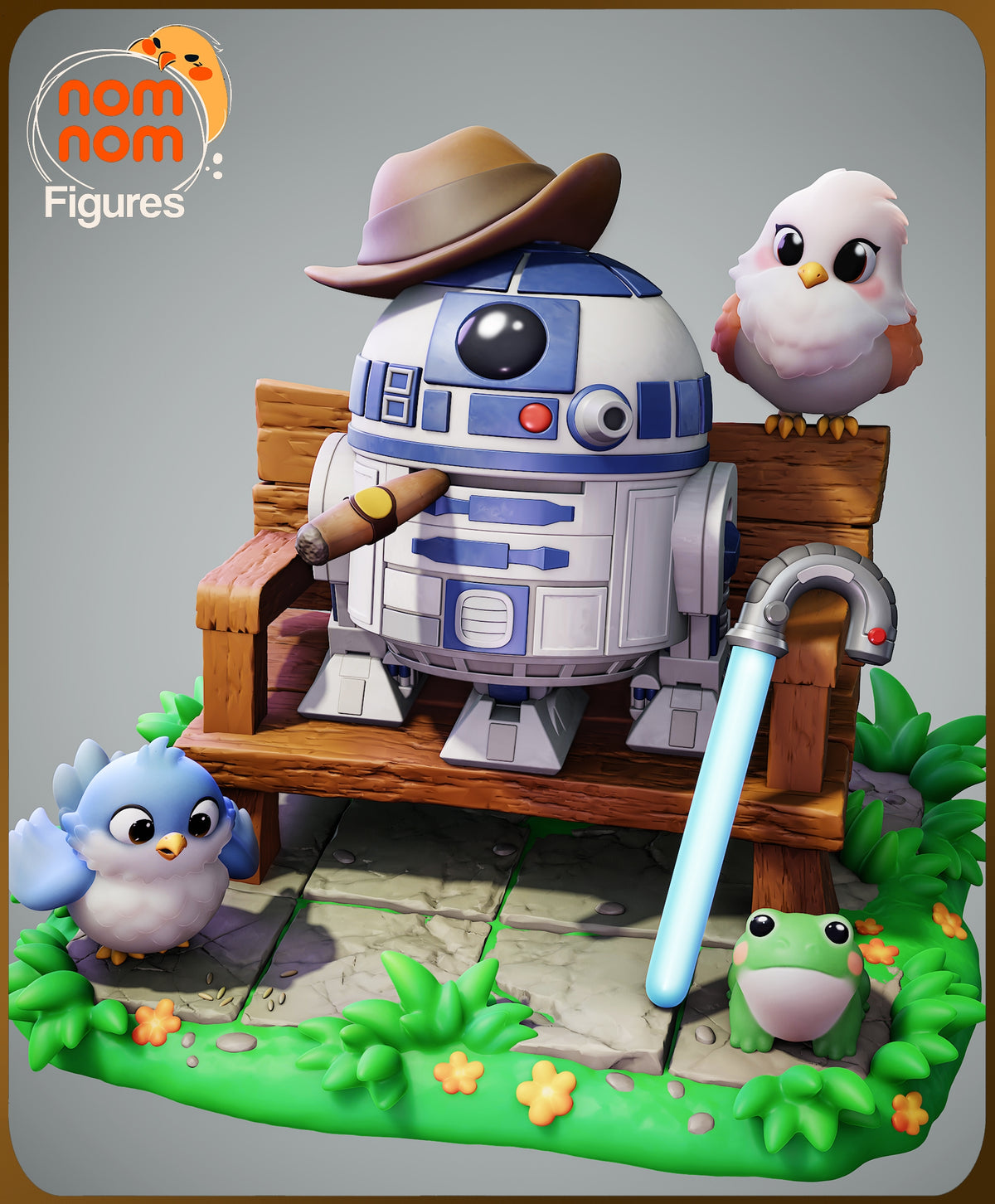 R2D2 resin Chibi figure seated on wooden bench wearing cowboy hat, surrounded by cute bird and frog characters in natural garden setting.