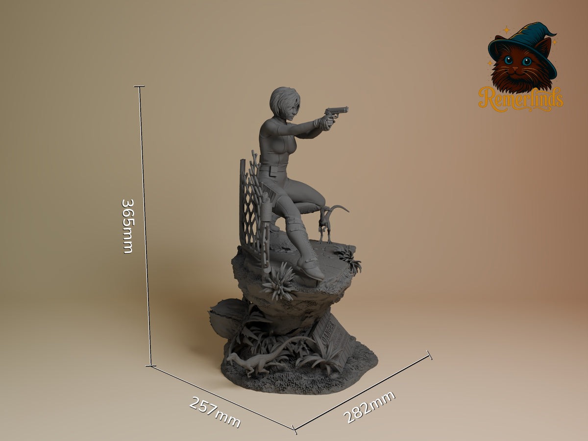 Regina from Dino Crisis resin figure shown at scale, unpainted gray, posed aiming pistol on rocky base with detailed vegetation elements.