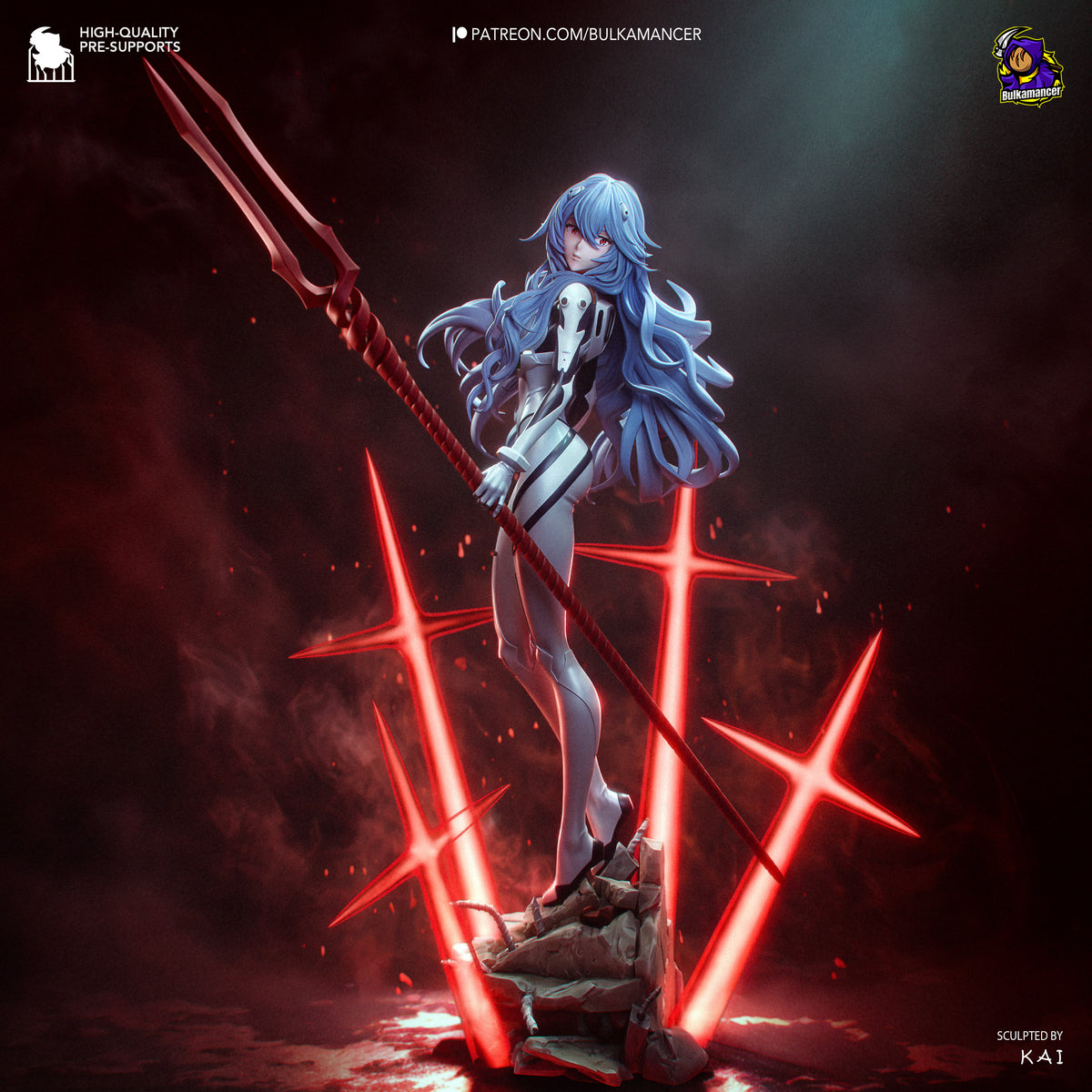 Azure Pilot resin figure from Mecha Awakening stands with a spear on a sculpted rocky base.