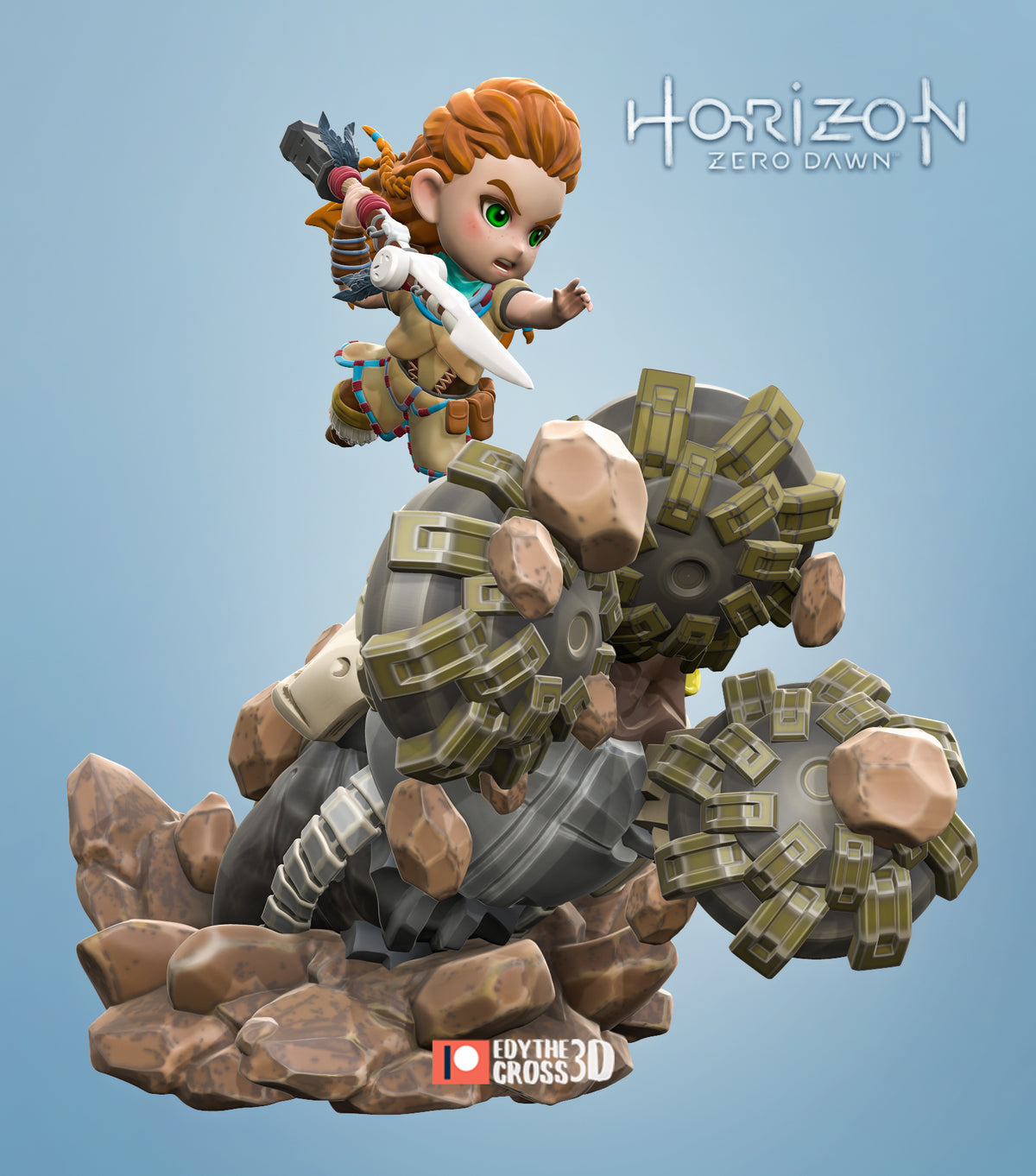 Painted resin Chibi figure of Aloy from Horizon leaps above a sculpted machine-and-rock base.