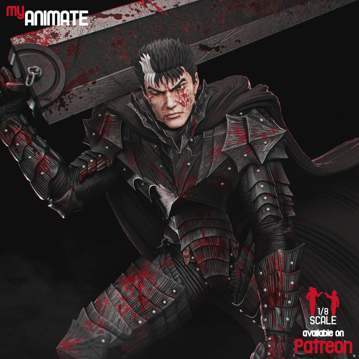 Guts from Berserk is a painted 1/8-scale resin figure in a raised-sword armor pose.