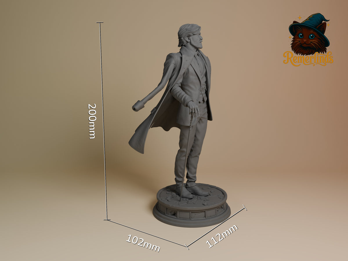 Renoir from Expedition 33 is an unpainted gray resin figure at three-quarter angle, standing with cane on a sculpted base.