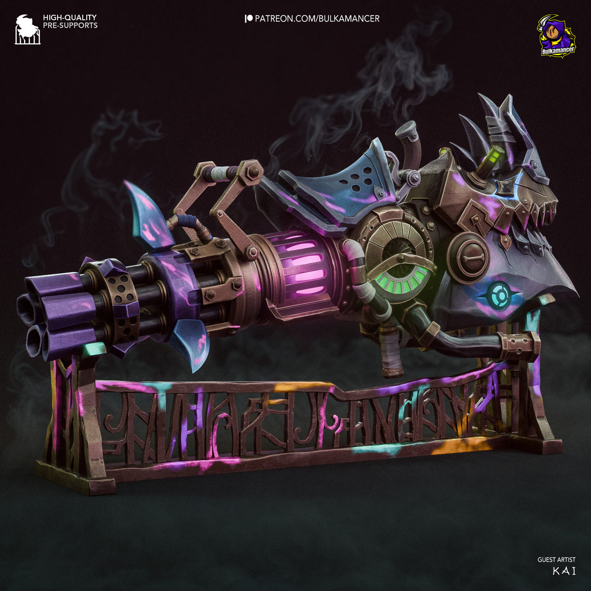 Jinx's neon-glowing Rhino Gun resin figure displayed on ornate base, showcasing purple and cyan painted details from multiple angles against dark background.