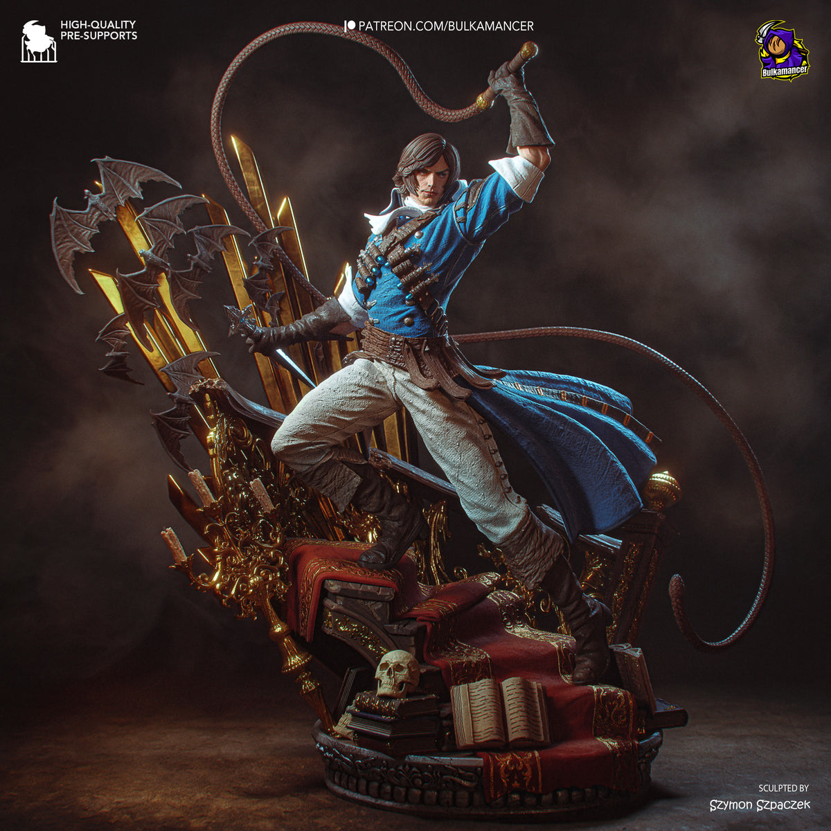 Richter Belmont resin figure in dynamic whip-wielding pose, blue coat and weapons detailed, mounted on ornate red and gold base with skull motif.