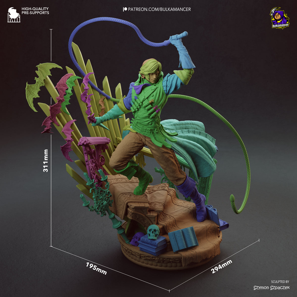 Richter Belmont resin figure from Castlevania shown at 311mm height with whip raised, displayed on organic base with scale reference dimensions visible.