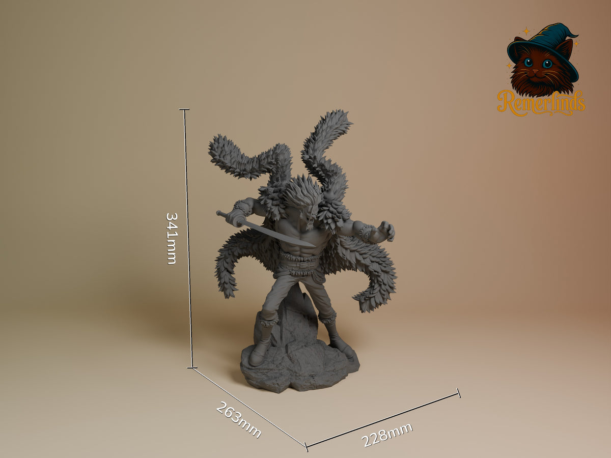 Unpainted gray resin figure of Rocks D. Xebec from One Piece shown at 341mm height with dimensional scale indicators on neutral background.