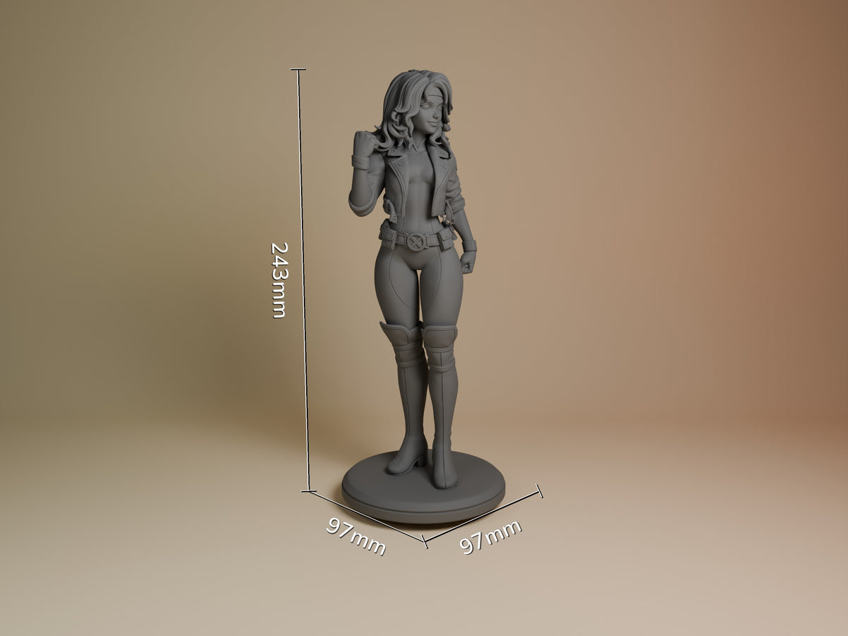 Crimson Drifter resin figure from Mutant Heroes shown at scale with 243mm height, displaying unpainted gray details and dynamic standing pose on circular base.