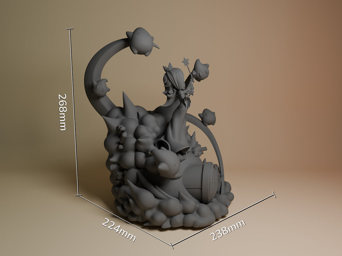 Galaxy Princess resin figure shown at scale, unpainted gray sculpture with cloud base, curved moon element, and floating star details, 268x224x238mm.