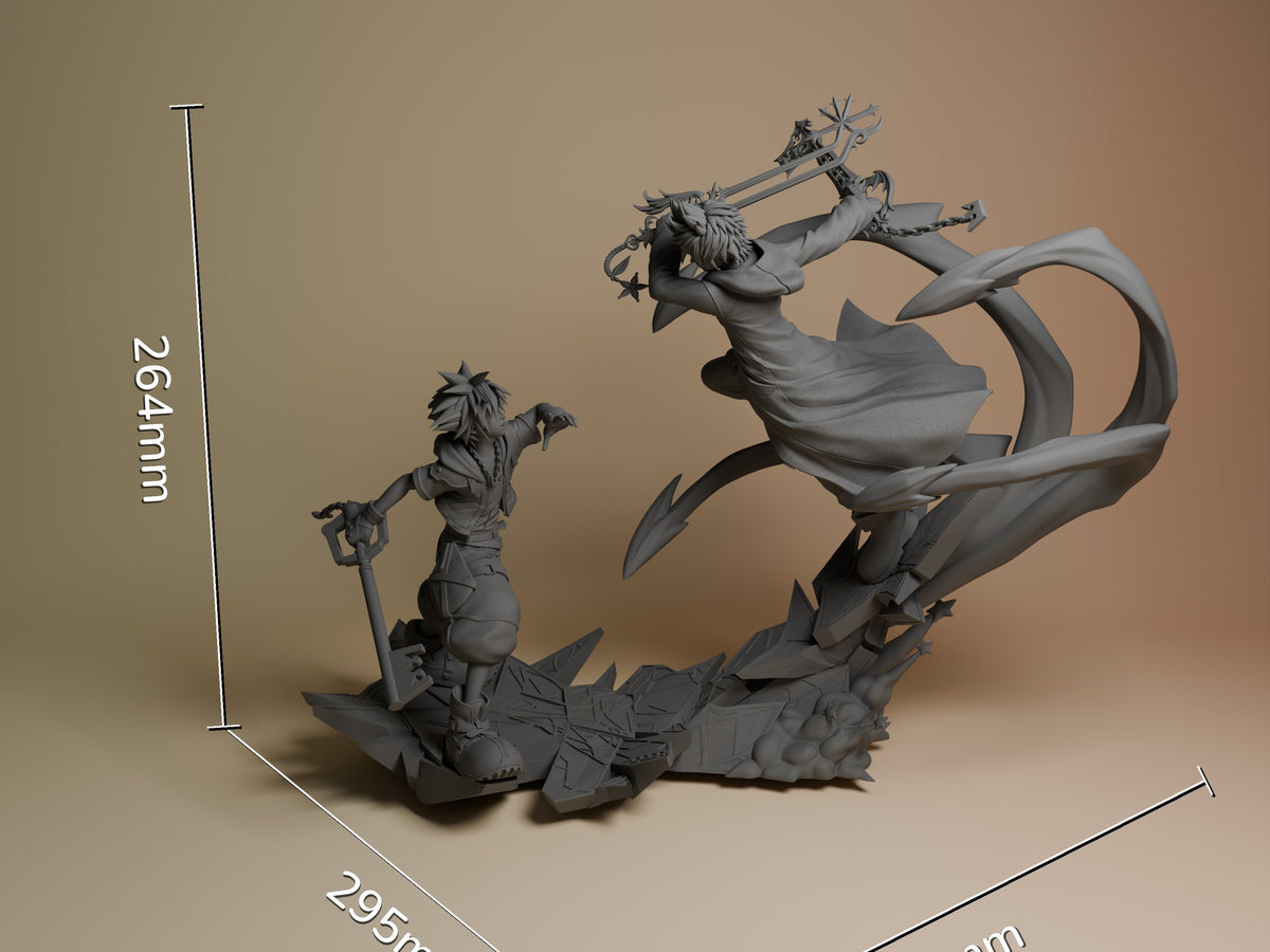 Twin Sky Warriors resin figure shown at 264mm height, unpainted gray with dynamic aerial poses, ornate weapons, and detailed base featuring spikes.