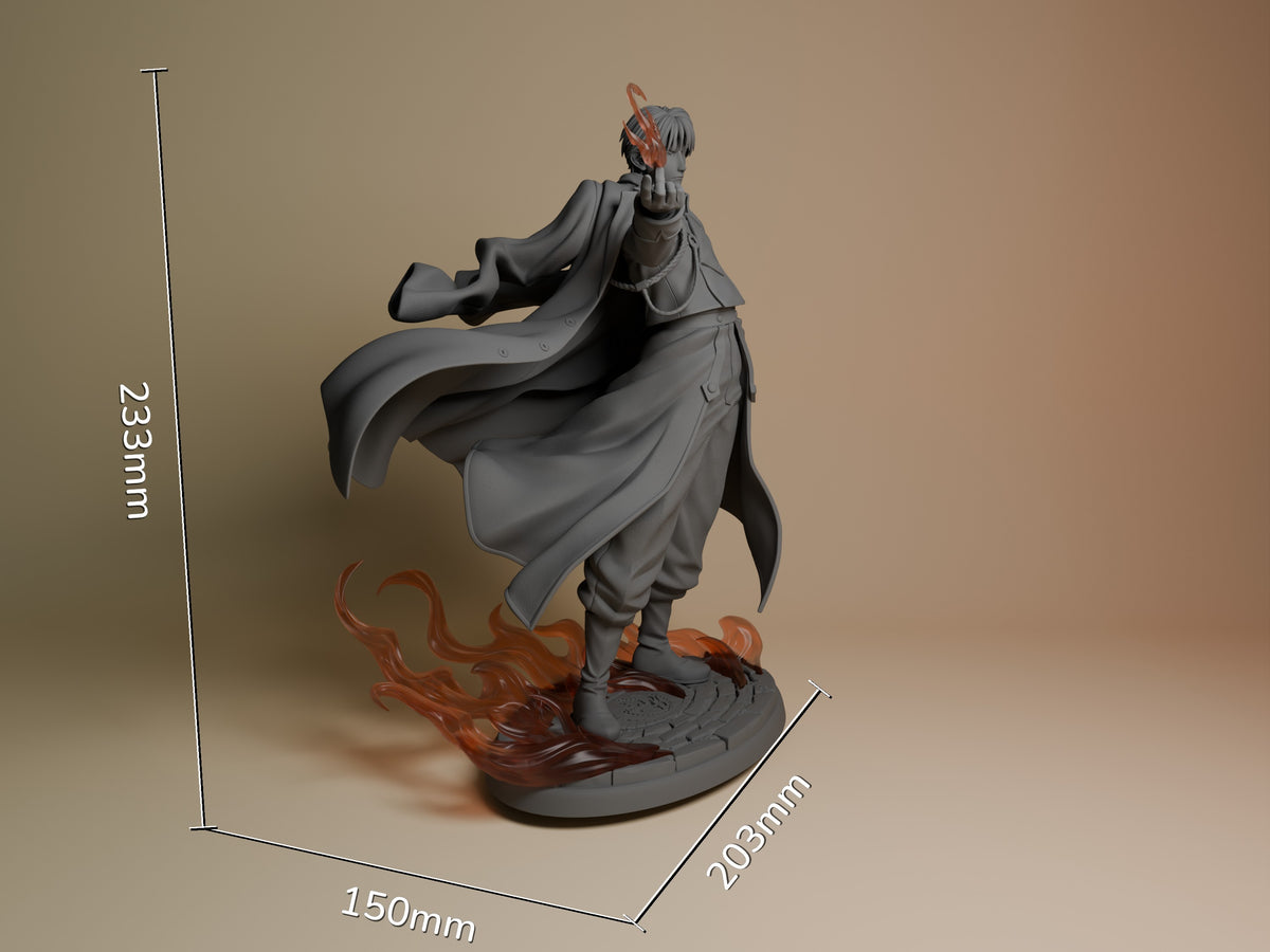Roy Mustang resin figure in dynamic pose with flowing coat, unpainted gray with red flame details, displayed on circular base with scale reference.