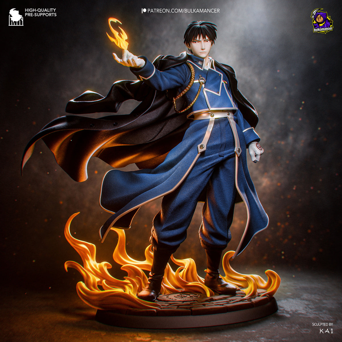 Roy Mustang resin figure in blue military coat with flaming alchemical effects, right-facing pose with raised hand casting fire, dynamic cape, painted base.