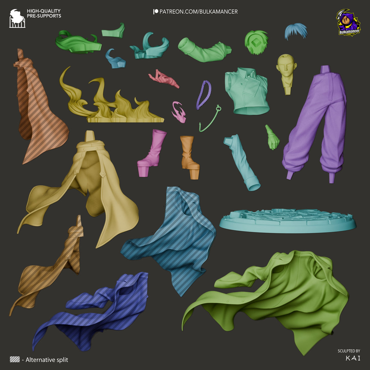 Roy Mustang resin figure parts kit laid out flat showing clothing pieces, accessories, hair, head, hands, fabric elements, and base on dark background.