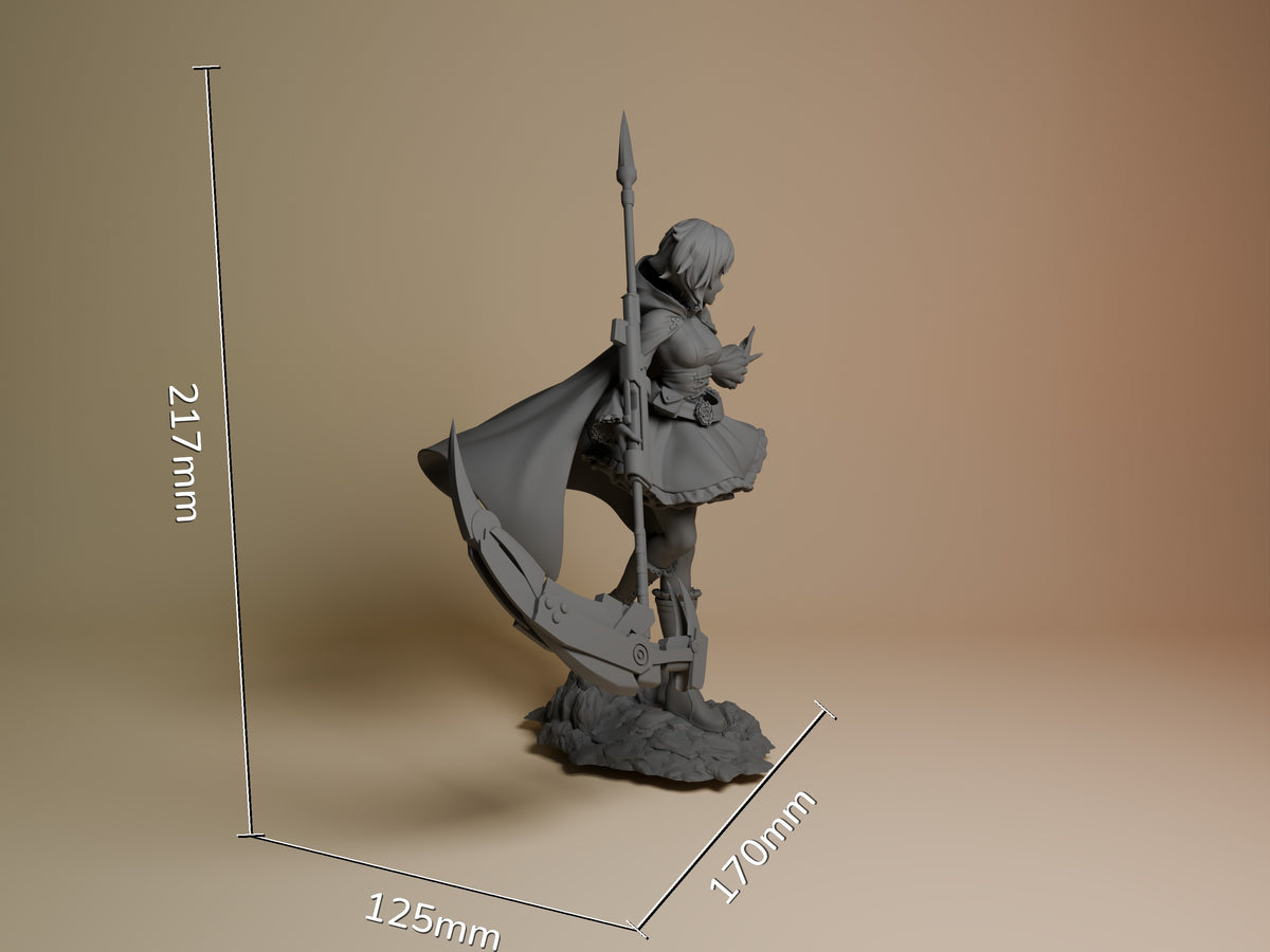 Ruby Rose resin figure shown at 21mm height with cape and spear, unpainted gray polymer, rock base, scale reference dimensions displayed.
