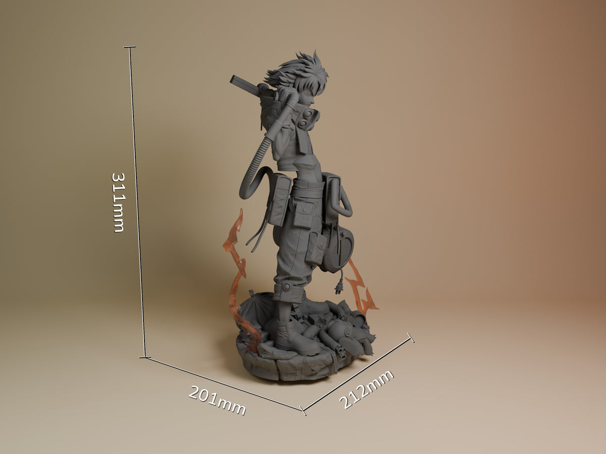 Rudo from Gachiakuta resin figure shown at 31mm height, unpainted gray, standing posed with rifle on dimensional base with orange accents.