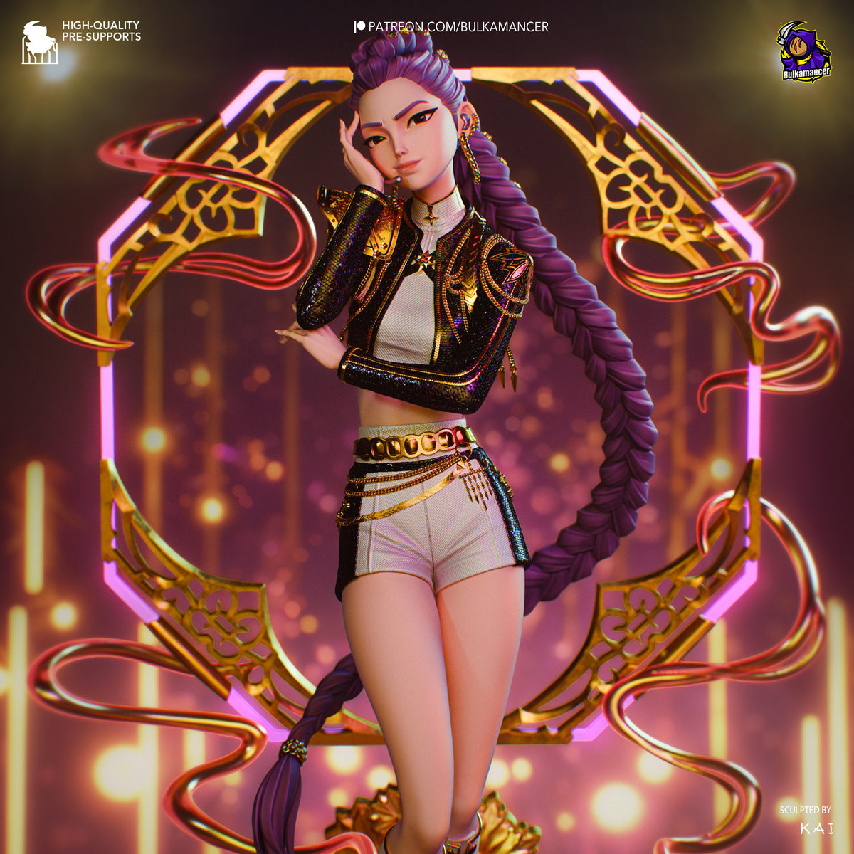 Rumi from KPop Demon Hunters, painted resin figure in dynamic pose wearing black and gold jacket, purple braided hair, neon backdrop.