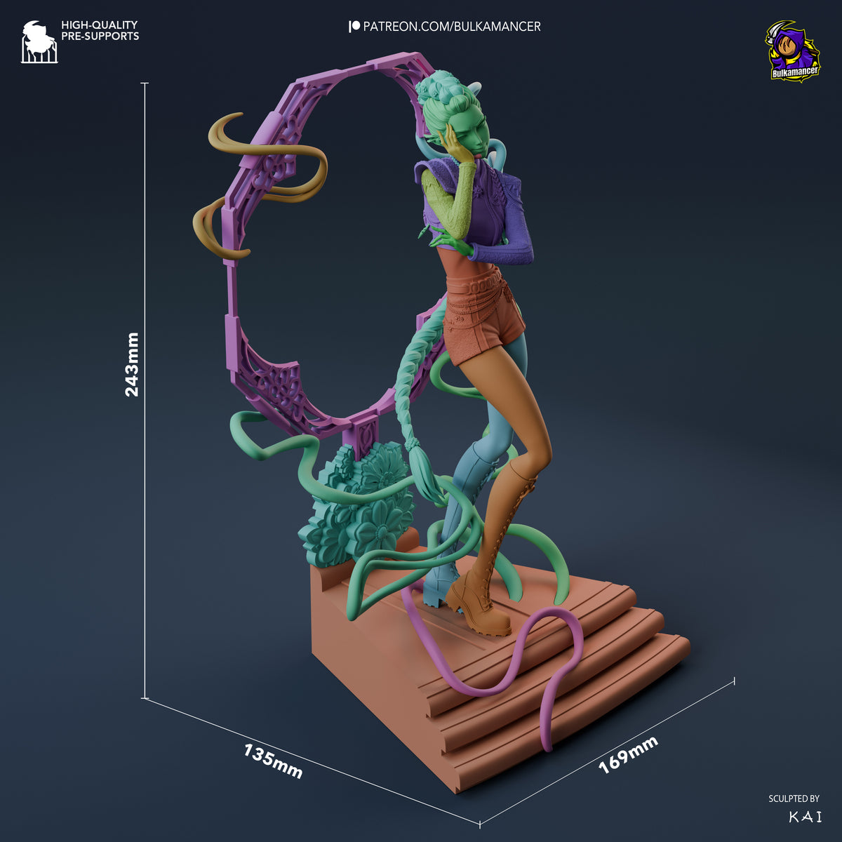 Rumi resin figure from KPop Demon Hunters shown at 243mm height with green tentacles, purple outfit, and ornate base against scale reference.