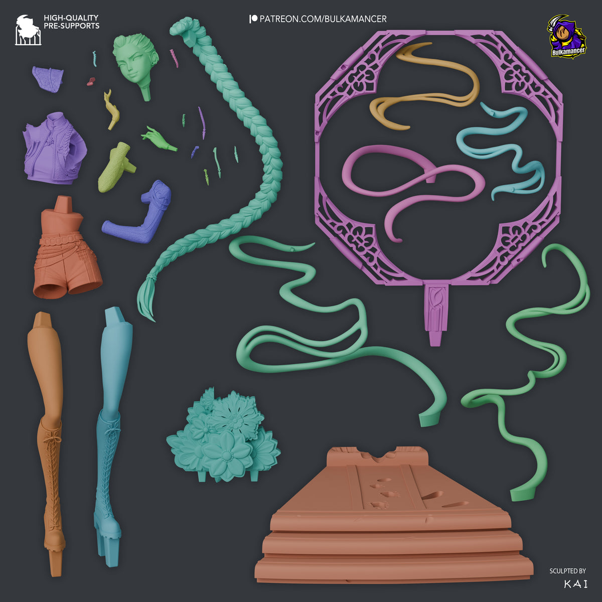 Rumi resin figure parts layout showing unpainted components including head, torso, limbs, tentacles, ornate frame, and base from KPop Demon Hunters.