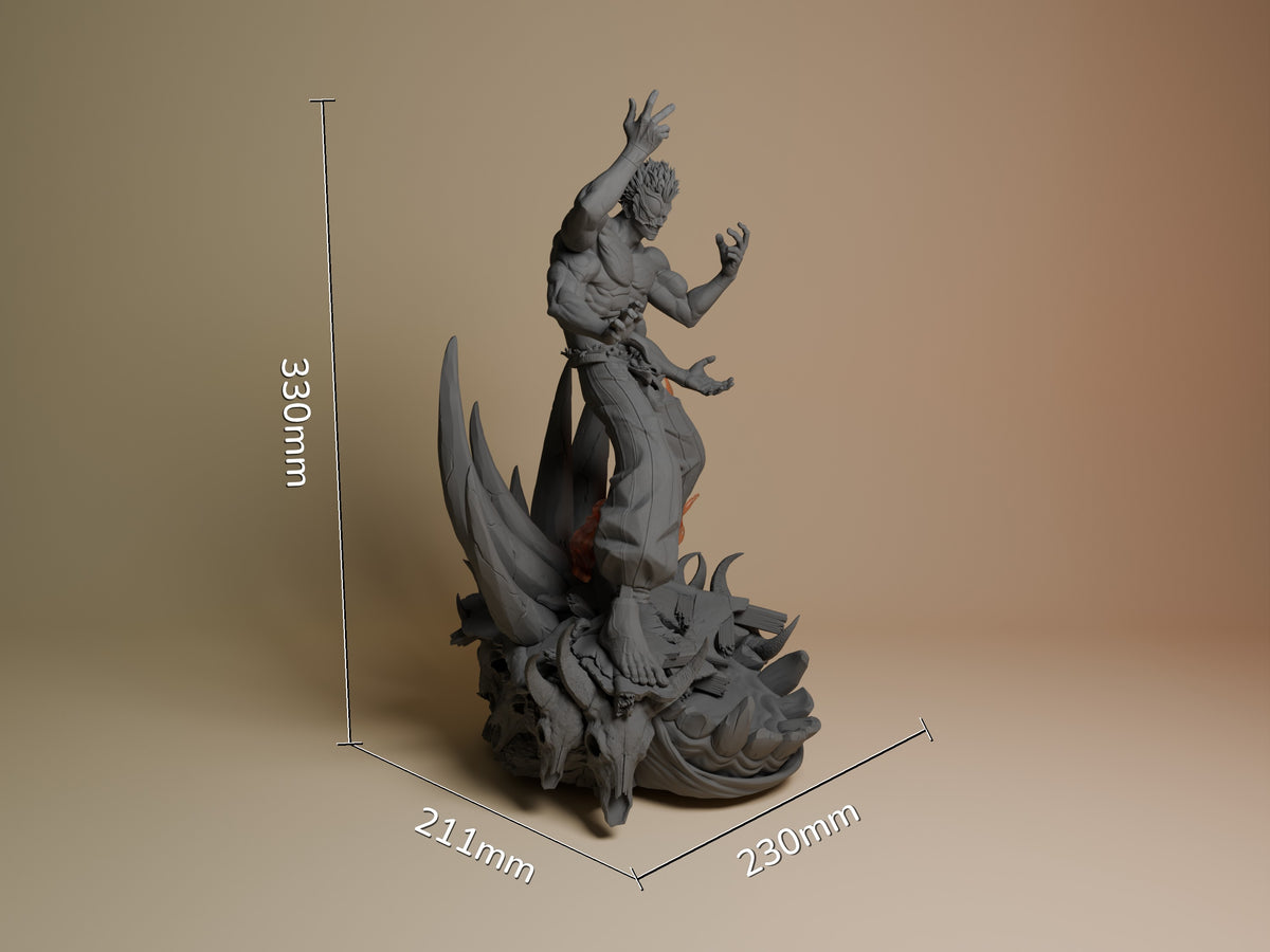Ryomen Sukuna resin figure shown at scale with dimensions 330mm height, 211mm depth, 230mm width. Unpainted gray resin depicts the four-armed demon in dynamic pose on ornate base.