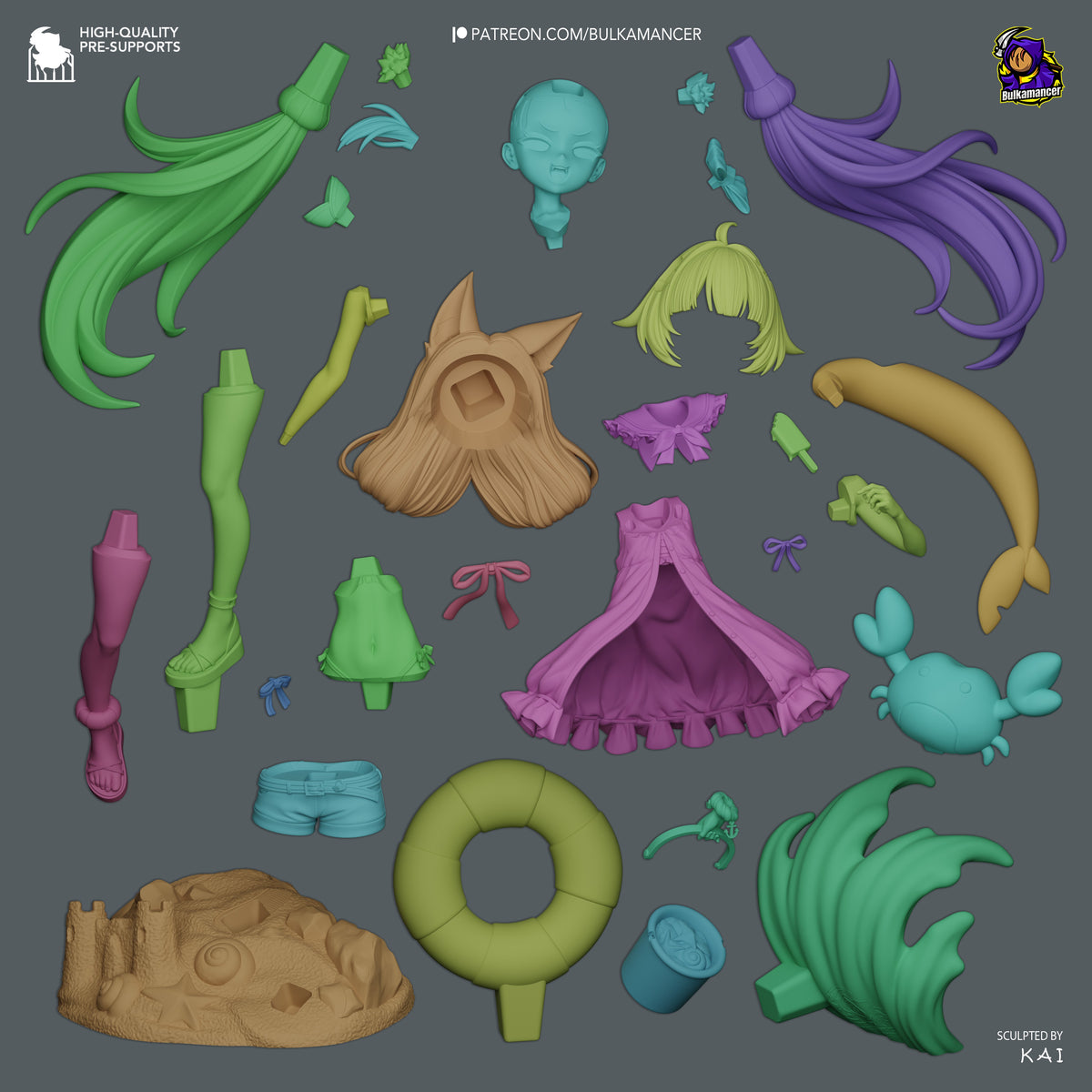 Sameko Saba from VTuber is shown as a resin figure parts layout with unpainted hair, clothing, limbs, and base.