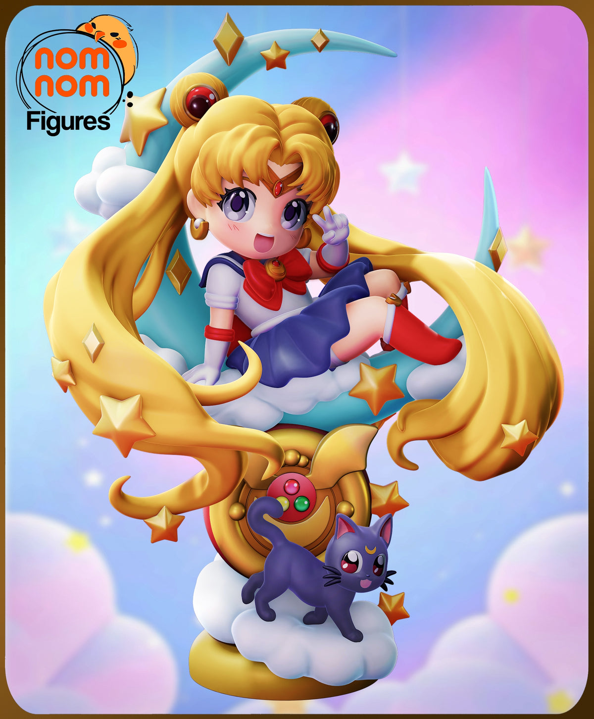 Painted Sailor Moon from Sailor Moon sits on clouds above Luna on a sculpted crescent-and-star base as a resin Chibi figure.