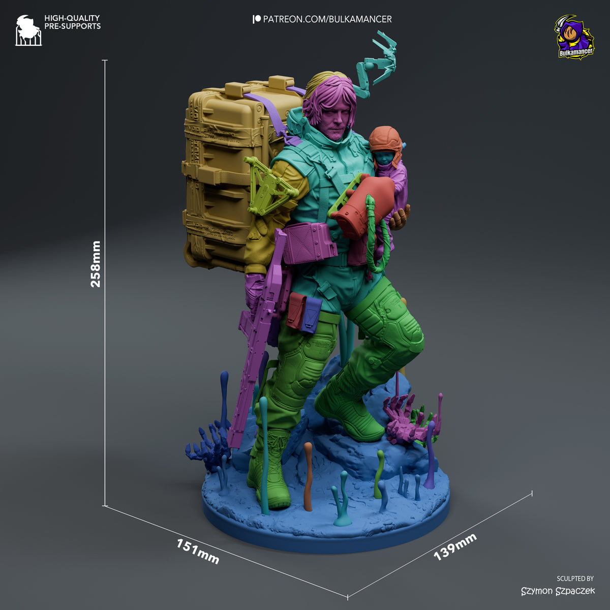 Sam from Death Stranding resin figure displayed at 258mm height, showing front three-quarter view with colorful paint job, detailed base, and scale reference dimensions.