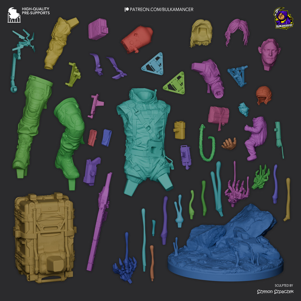 Disassembled resin figure parts for Sam from Death Stranding laid out flat, showing painted torso, limbs, heads, weapons, accessories, and textured base on dark background.