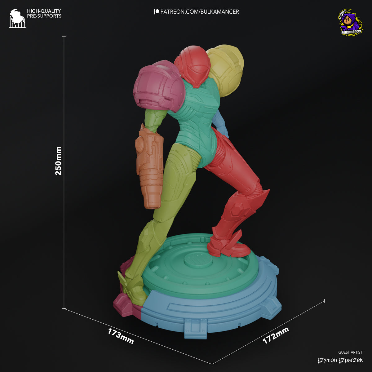 Power Suit Huntress resin figure in dynamic pose with dual cannons, shown at 250mm height on futuristic base, vibrant paint detail.