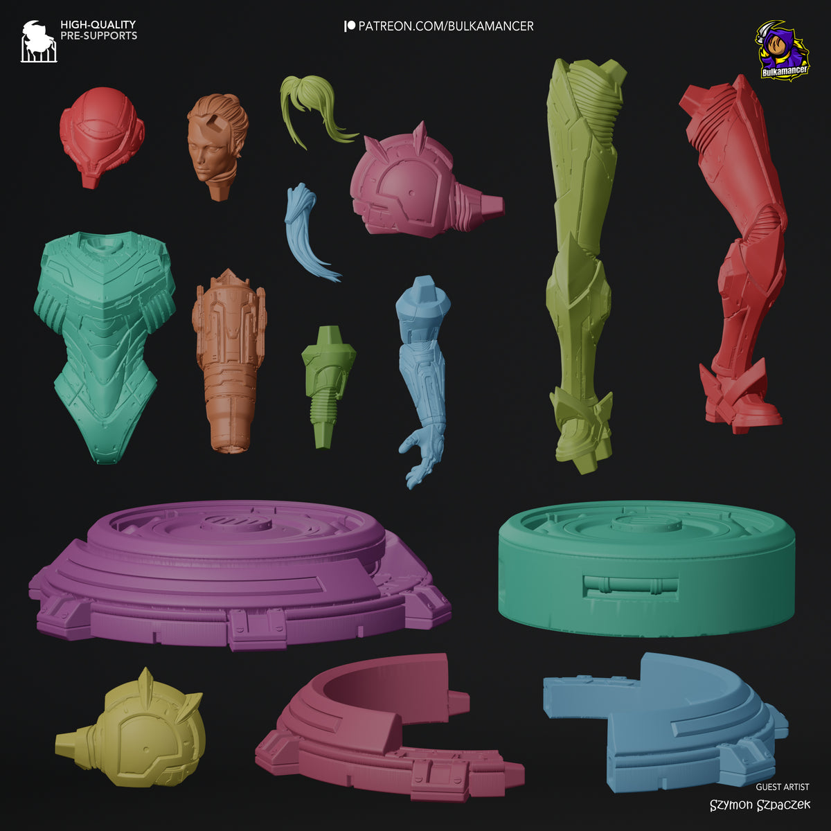 Power Suit Huntress resin figure parts layout showing unpainted components including helmets, torso, limbs, bases and accessories in multiple colors.