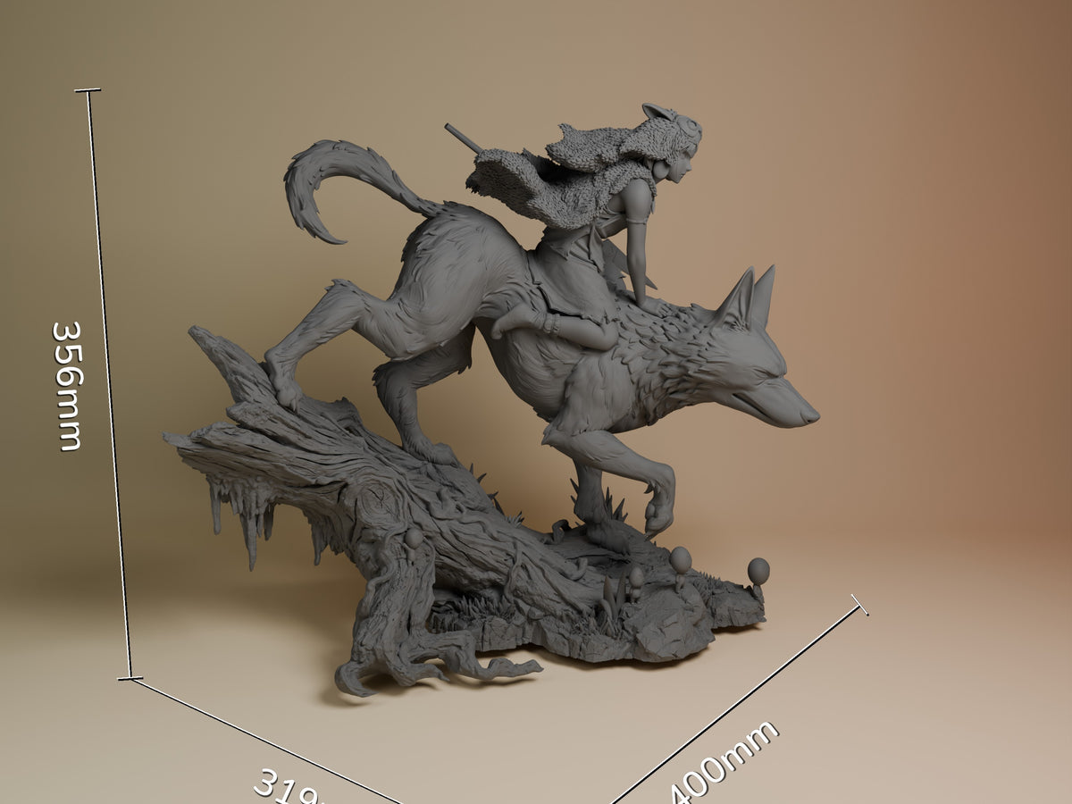 Wolfkin resin figure from Spiritwood shown at 356mm height with unpainted gray details, depicted mid-leap on textured base with mounted rider character.