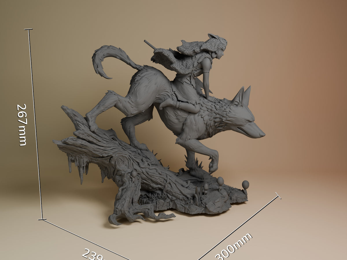 Wolfkin resin figure from Spiritwood shown at 267mm height, unpainted gray, mid-leap pose with rider on back, detailed wooden base, scale reference.