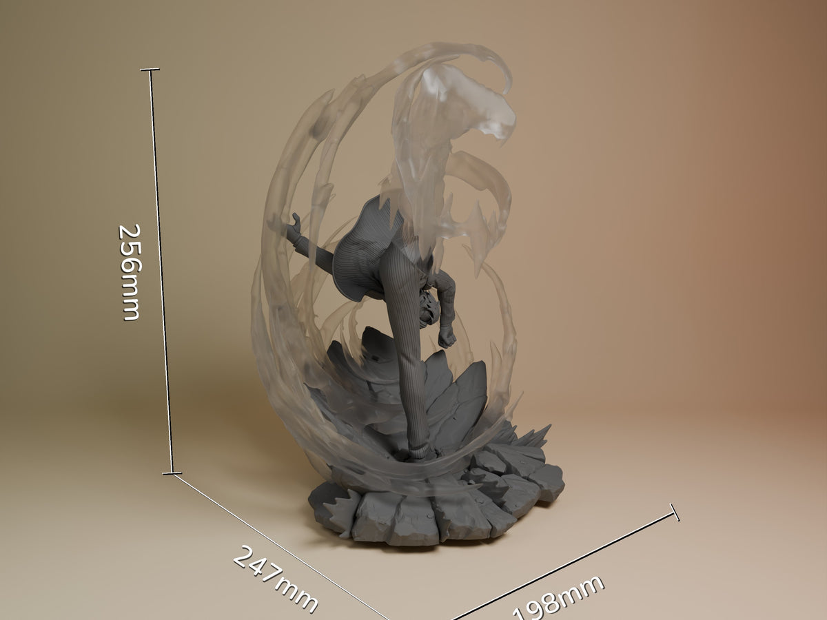 Sanji resin figure from One Piece shown at 256mm height with dynamic pose, partially painted dark sections, translucent swirling cape effect, and textured base.