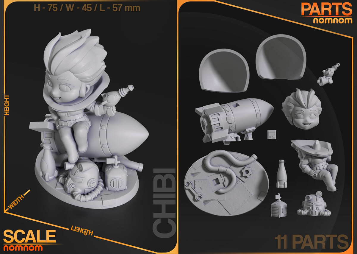 Parts breakdown image showing individual components and assembly layout for Atomic Cola Girl figure.