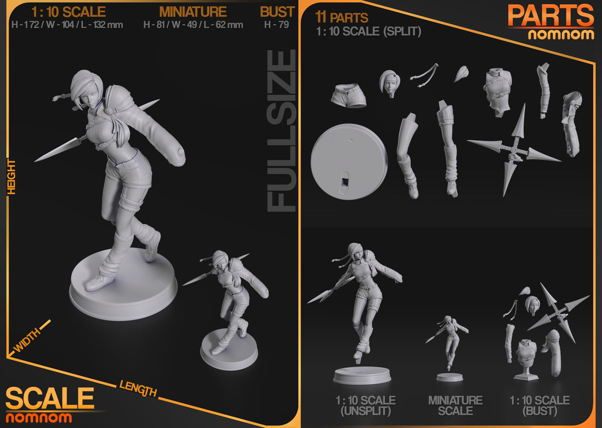 Unpainted resin figure parts for Yuffie Kisaragi from Final Fantasy VII displayed at 1:10 scale, showing 11 components including head, torso, limbs, weapons, and base.