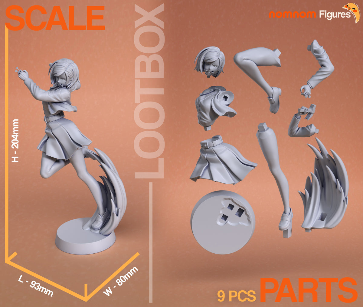 Unpainted Nobara Kugisaki resin figure parts from Jujutsu Kaisen show nine pieces and sculpted base.