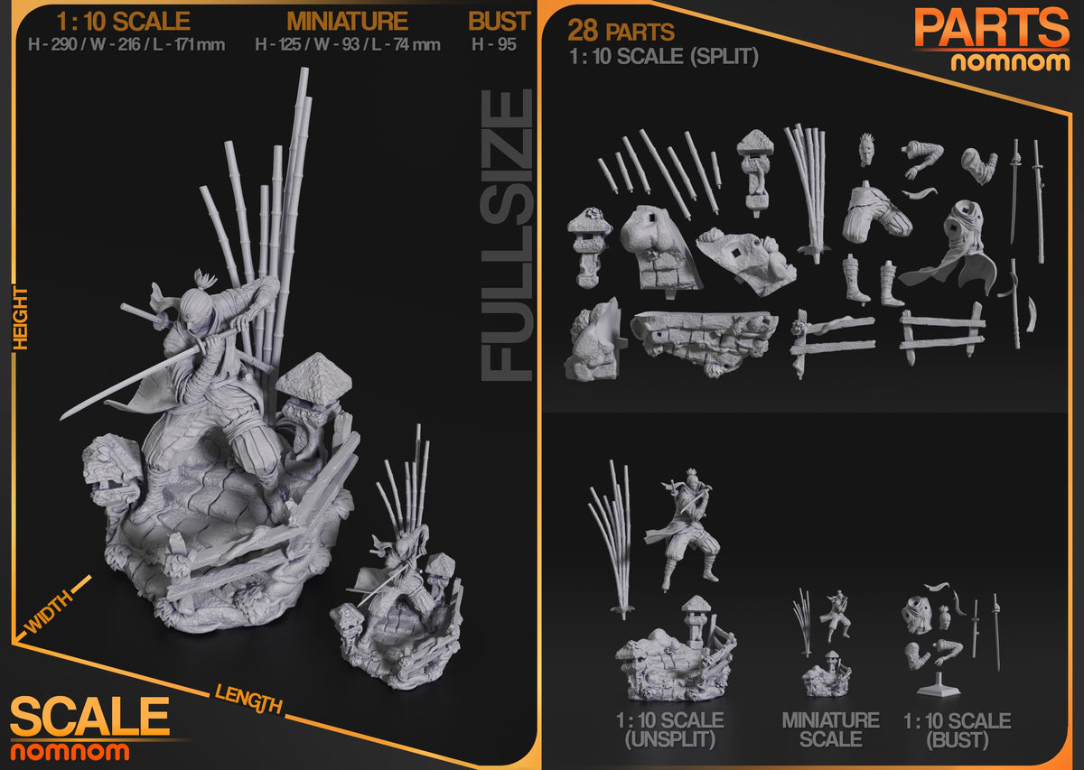 Parts breakdown image showing individual components and assembly layout for One-Armed Shinobi figure.