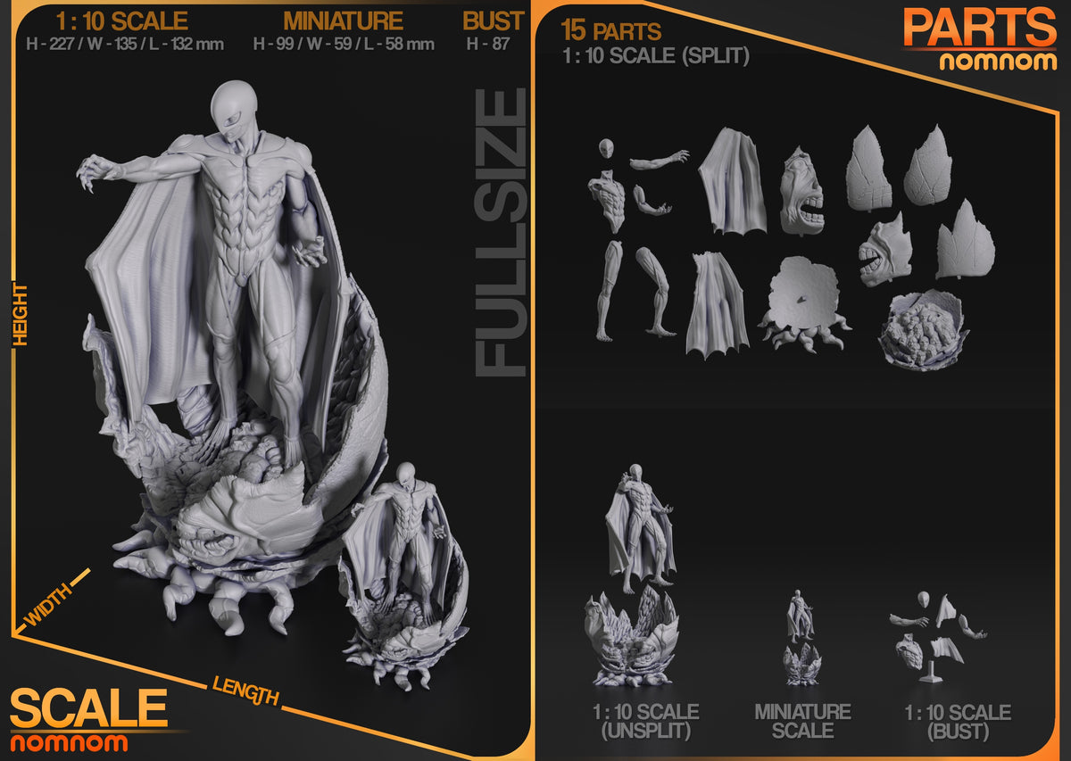 Unpainted Femto resin figure parts from Berserk are arranged with capes, limbs, heads, and sculpted bases.