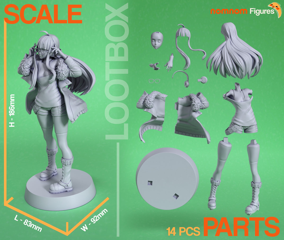 Parts breakdown image showing individual components and assembly layout for Original anime-style hacker girl figure.