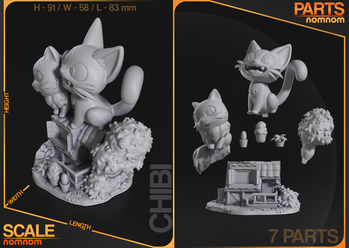 Parts breakdown image showing individual components and assembly layout for Witch's Black Cat figure.