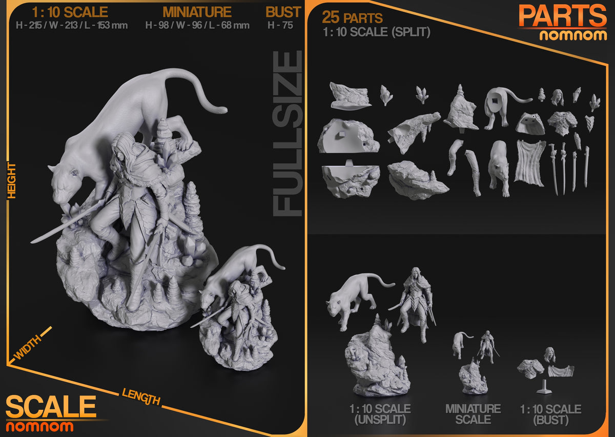 Drizzt Do Urden from Baldur's Gate resin figure shown unpainted in 25 separated parts.