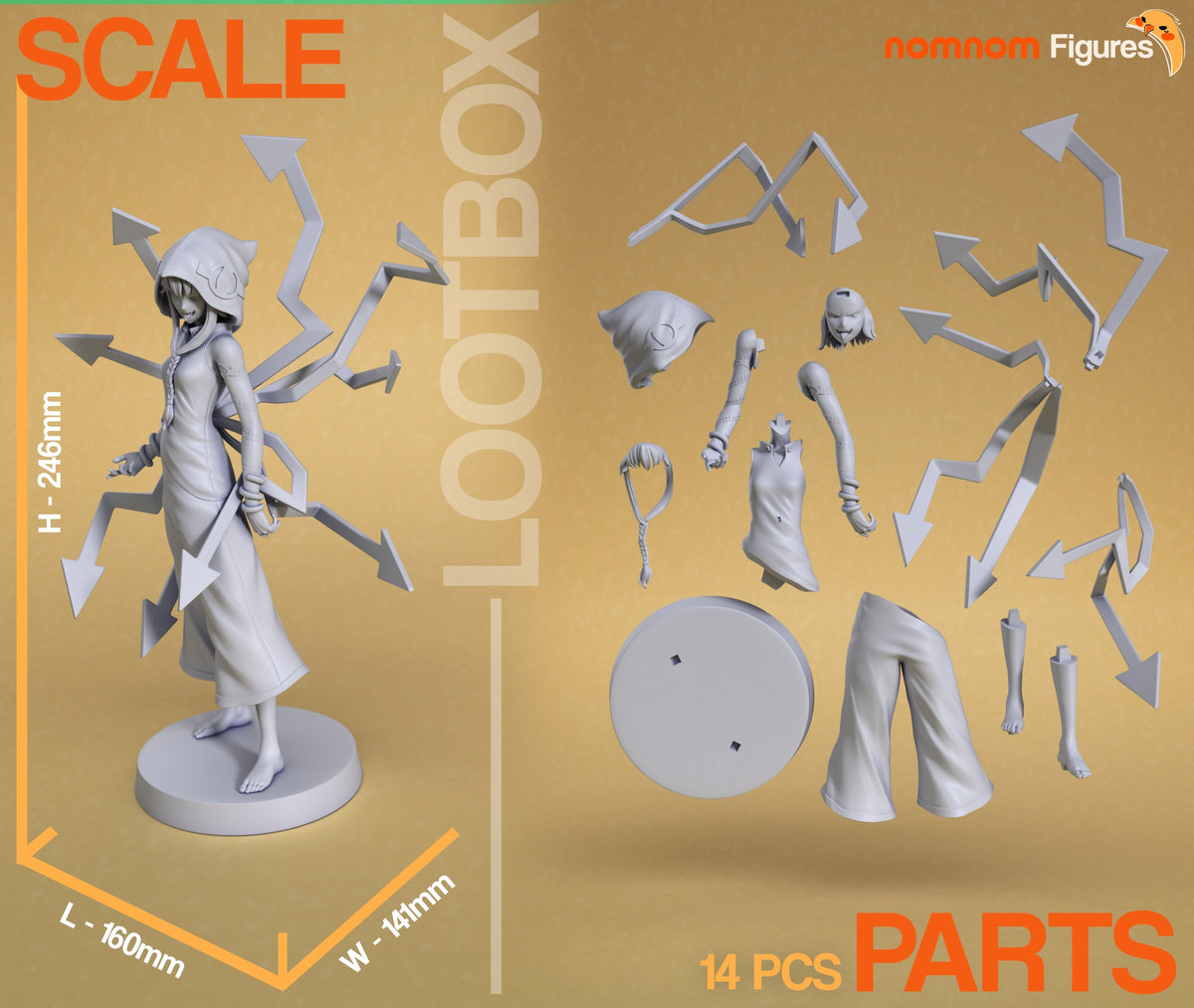 Parts breakdown image showing individual components and assembly layout for Stone Sorceress figure.