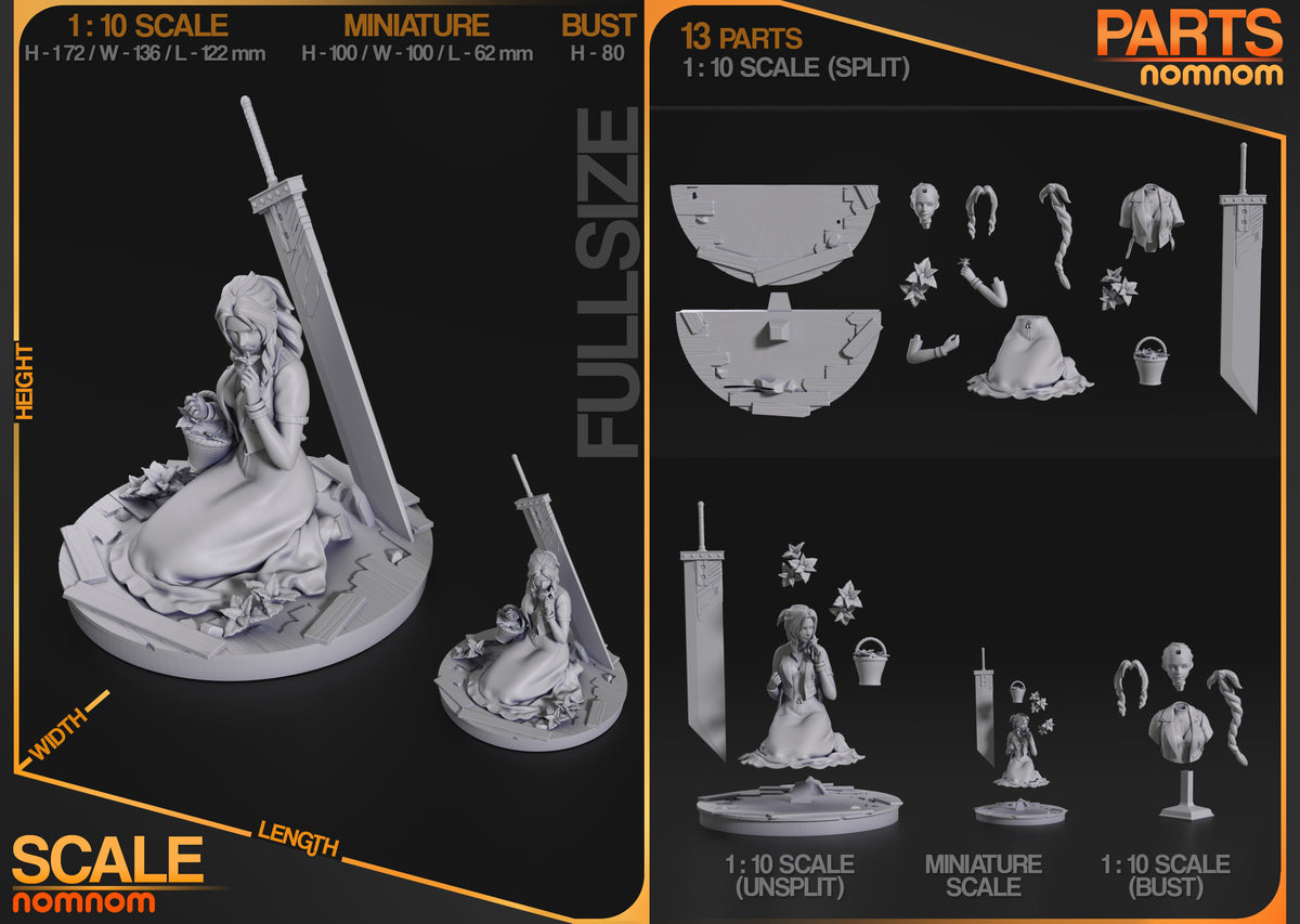 Parts breakdown image showing individual components and assembly layout for Aerith figure.
