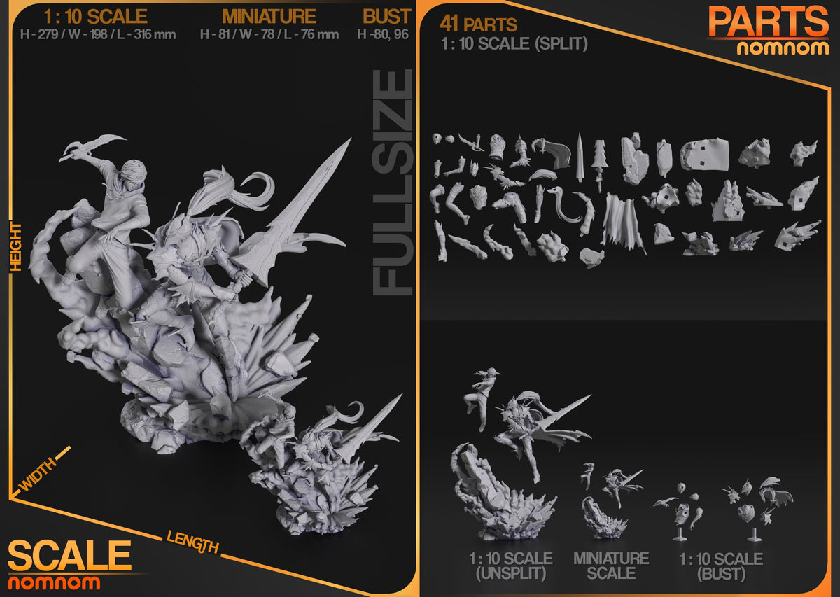 Parts breakdown image showing individual components and assembly layout for Shadow Hunter figure.