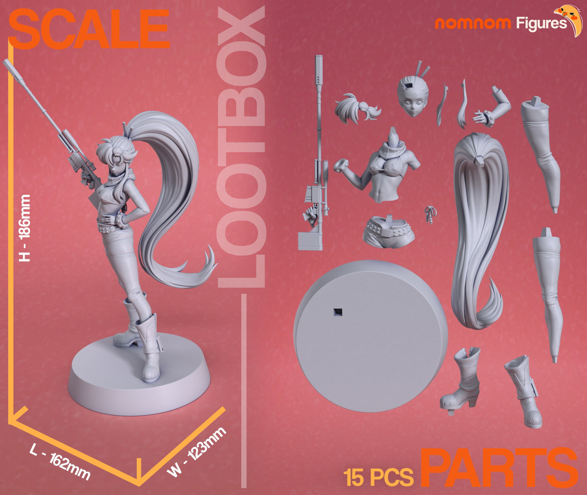 Parts breakdown image showing individual components and assembly layout for Scarlet Sniper Yona figure.