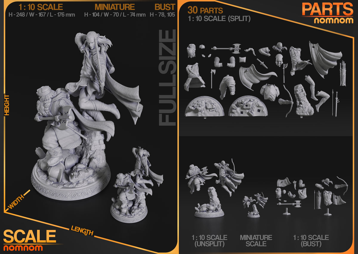 Unpainted resin figure parts for Gimli and Legolas from Lord of the Rings show sculpted bases.